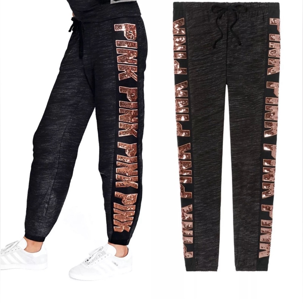 VS PINK CLASSIC SWEATPANTS JOGGERS ROSE GOLD MEGA LOGO BLING DK MARL GRAY HTF XS